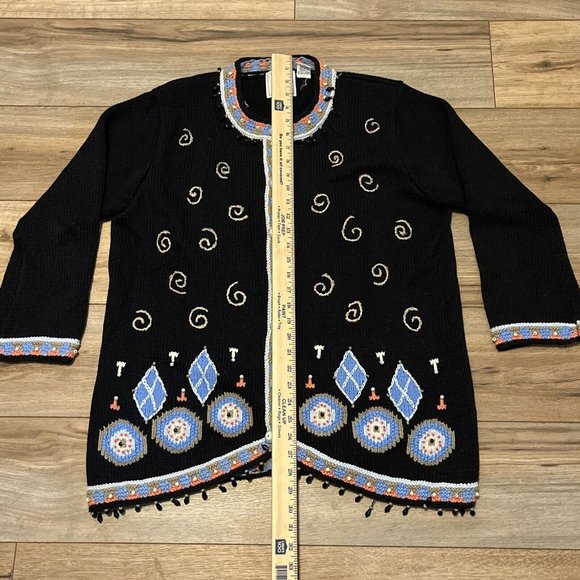 Storybook Knits Cardigan Sweater SZ Large Black Deco Glamour Knit Beaded - Picture 9 of 12